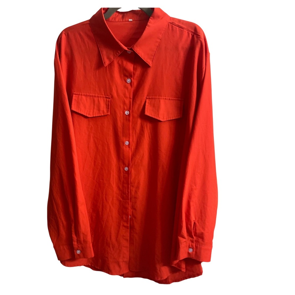 Red Button Down Shirt Women 5XL 5X Long Sleeve Faux Chest Pockets Stretch